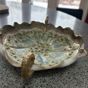 Hand Painted Gold and Green Ceramic Dish